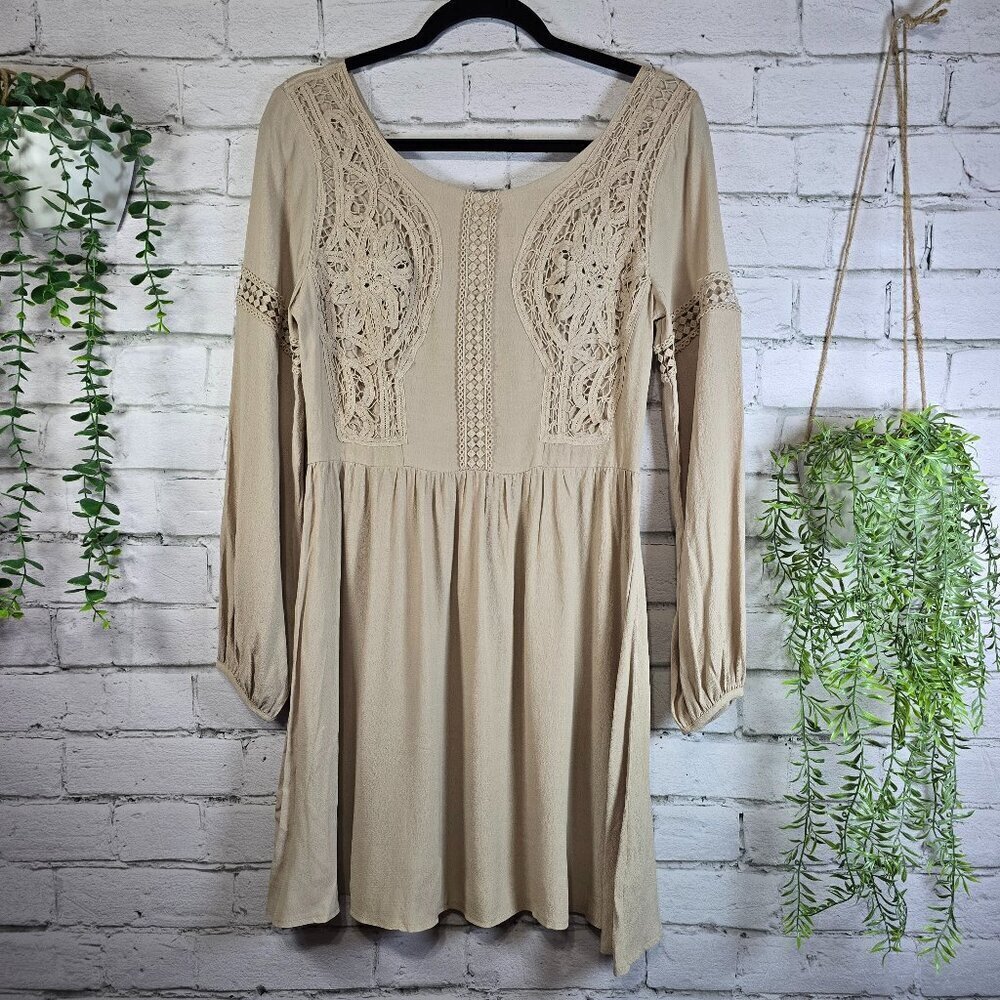 SOIEBLU HIPPIE BOHO DRESS KHAKI LONG BISHOP SLEEVE LACE FRONT SIZE MEDIUM